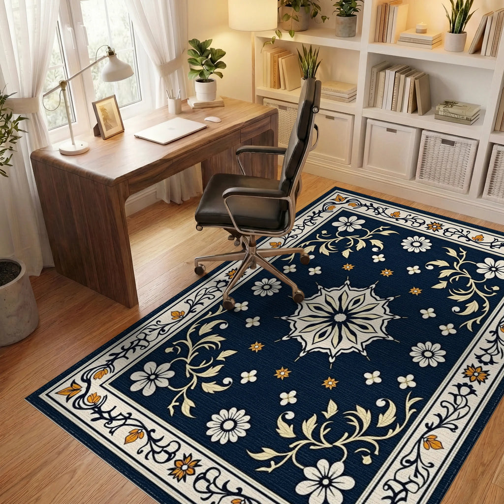 Ornate Floral Medallion Scroll Rug Office View