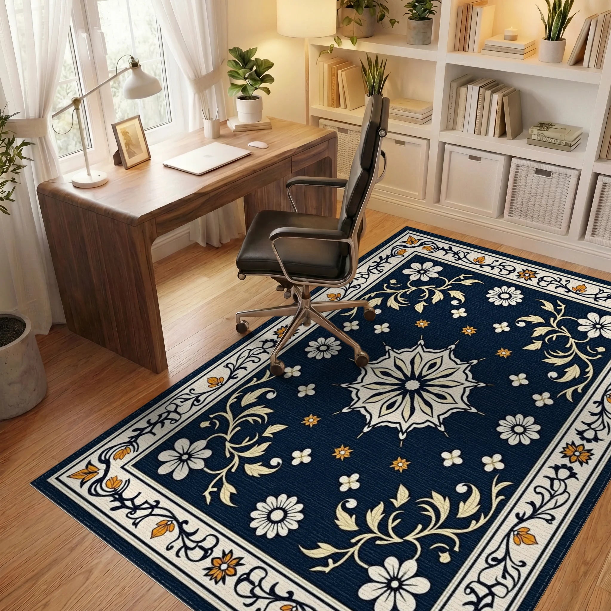 Ornate Floral Medallion Scroll Rug Office View