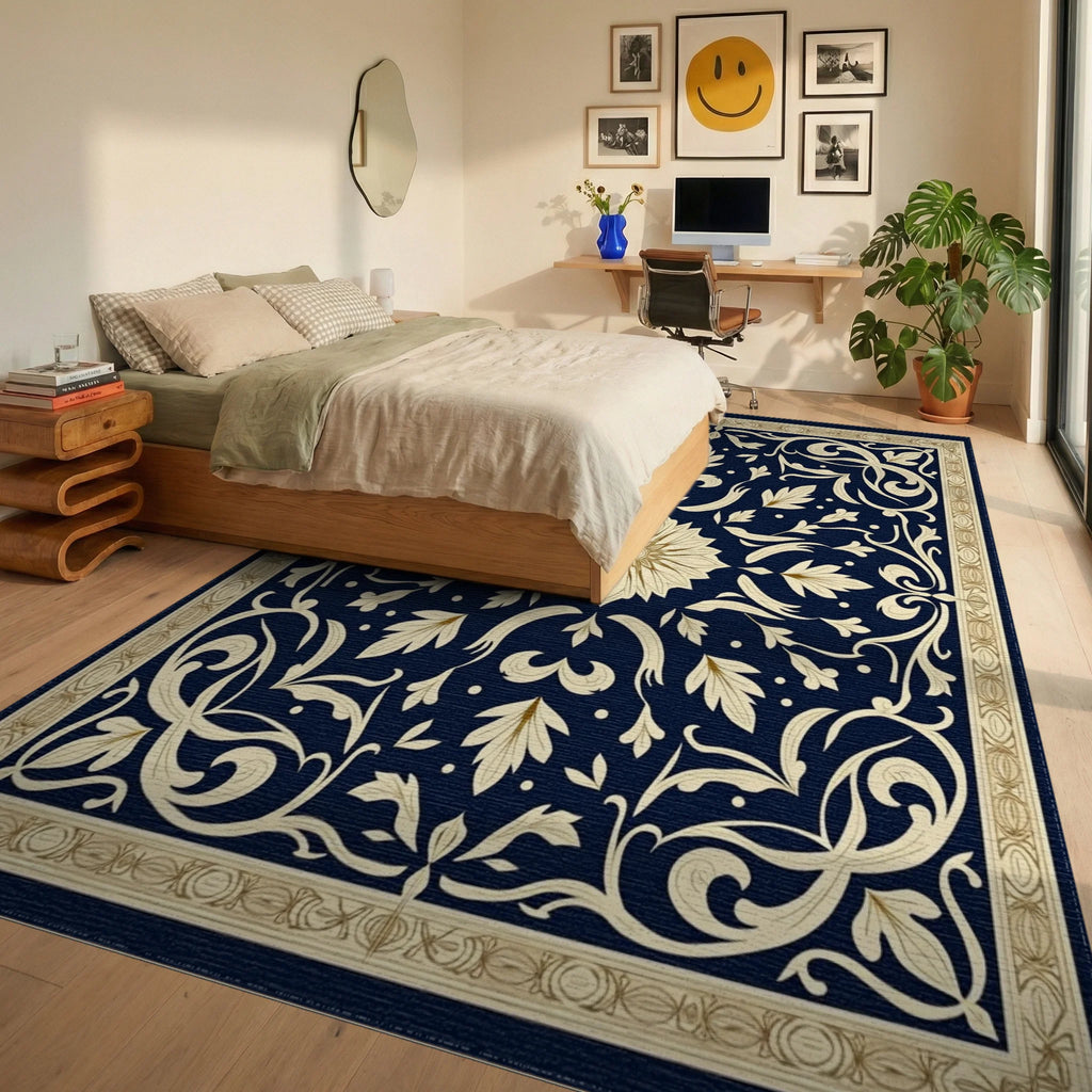 Ornate Floral Navy Cream Rug Bedroom View