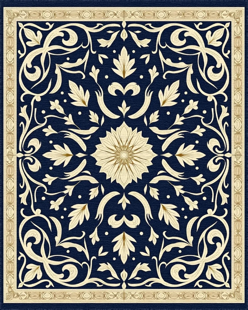 Ornate Floral Navy Cream Rug - Cutout View