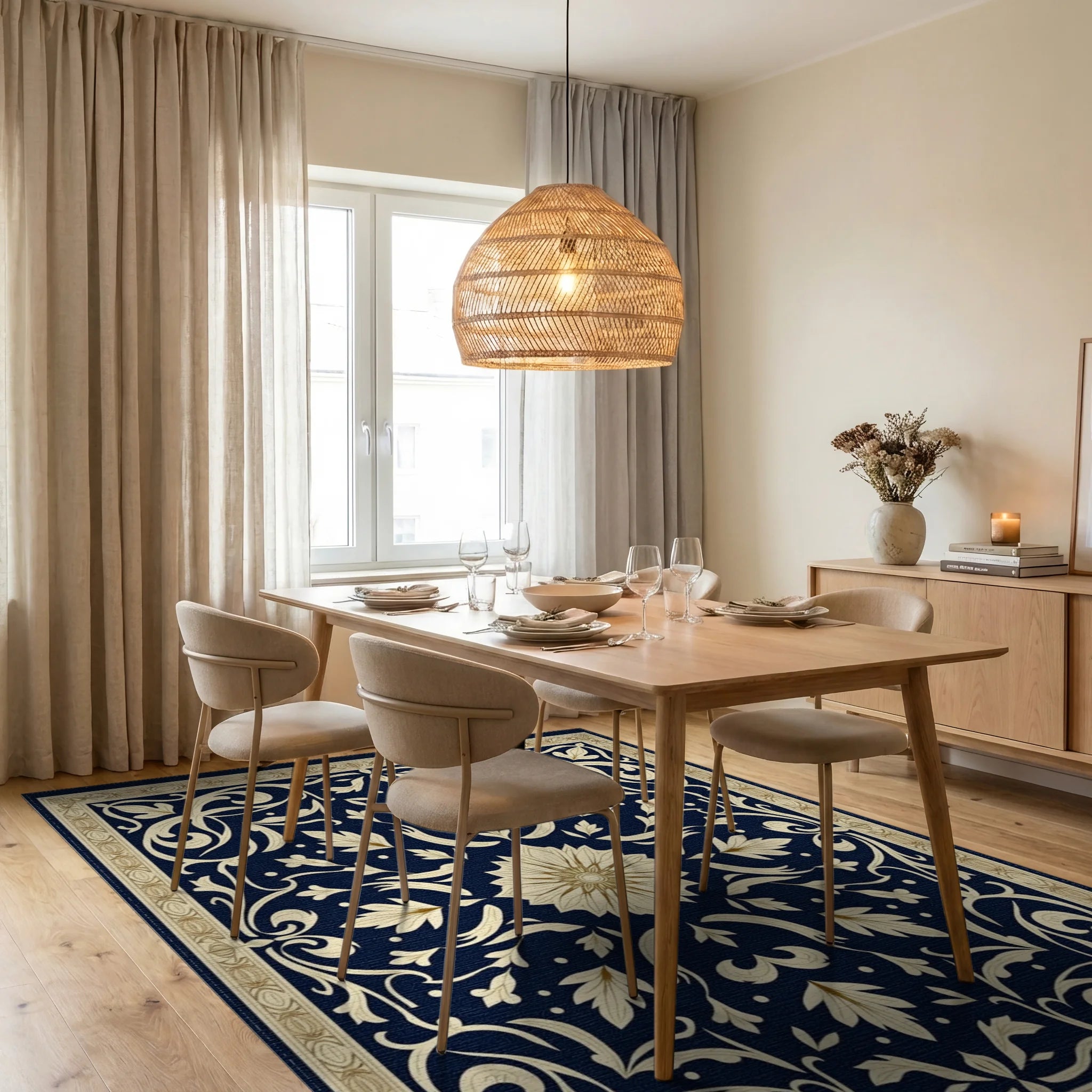 Ornate Floral Navy Cream Rug Dining Room View