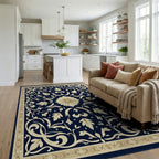 Ornate Floral Navy Cream Rug Living Room View