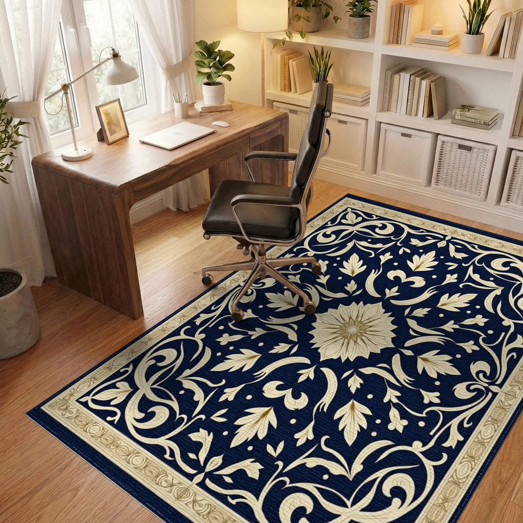 Ornate Floral Navy Cream Rug Office View