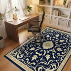 Ornate Floral Navy Cream Rug Office View