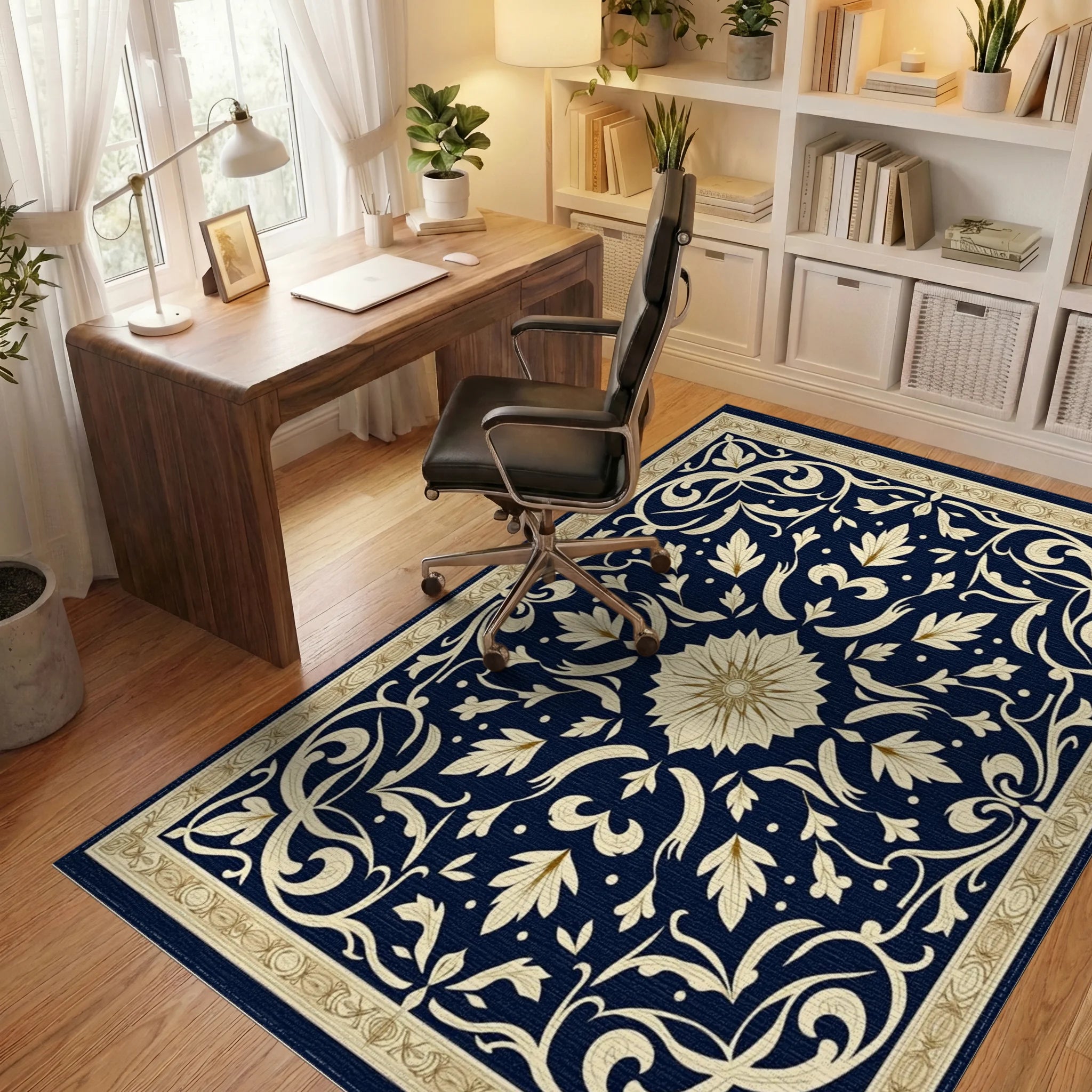 Ornate Floral Navy Cream Rug Office View