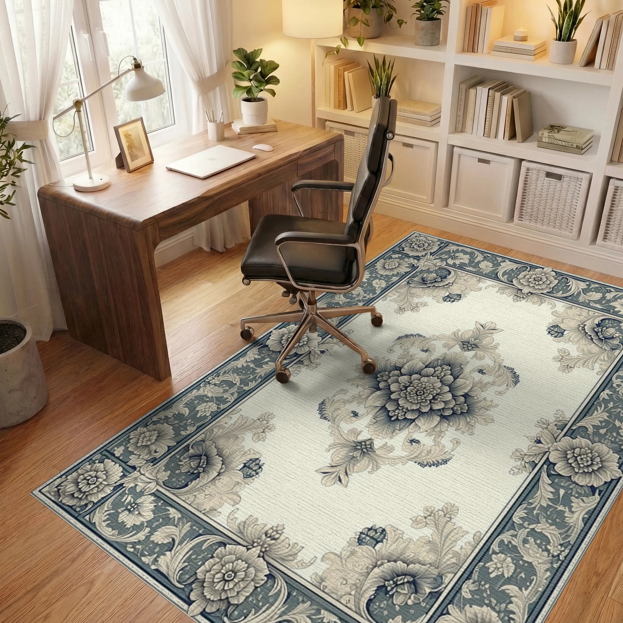 Ornate Floral Patterned Vintage Rug Office View
