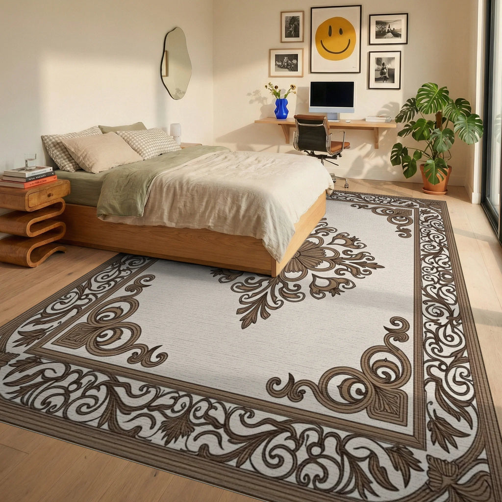 Ornate Floral Scroll Pattern Rug Bedroom View
