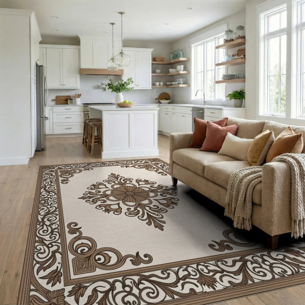Ornate Floral Scroll Pattern Rug Living Room View