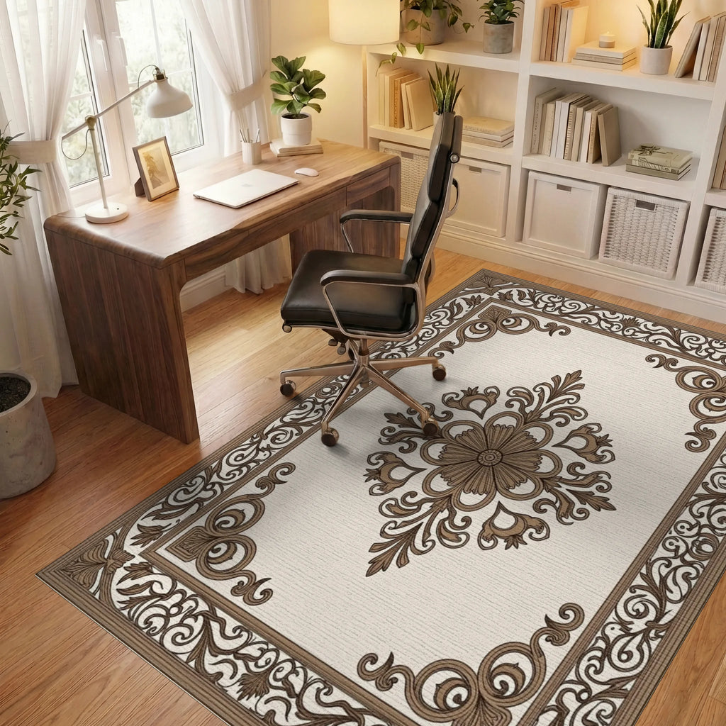 Ornate Floral Scroll Pattern Rug Office View