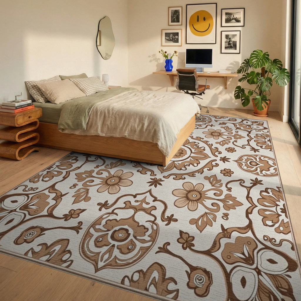 Ornate Floral Scrollwork And Flower Rug Bedroom View