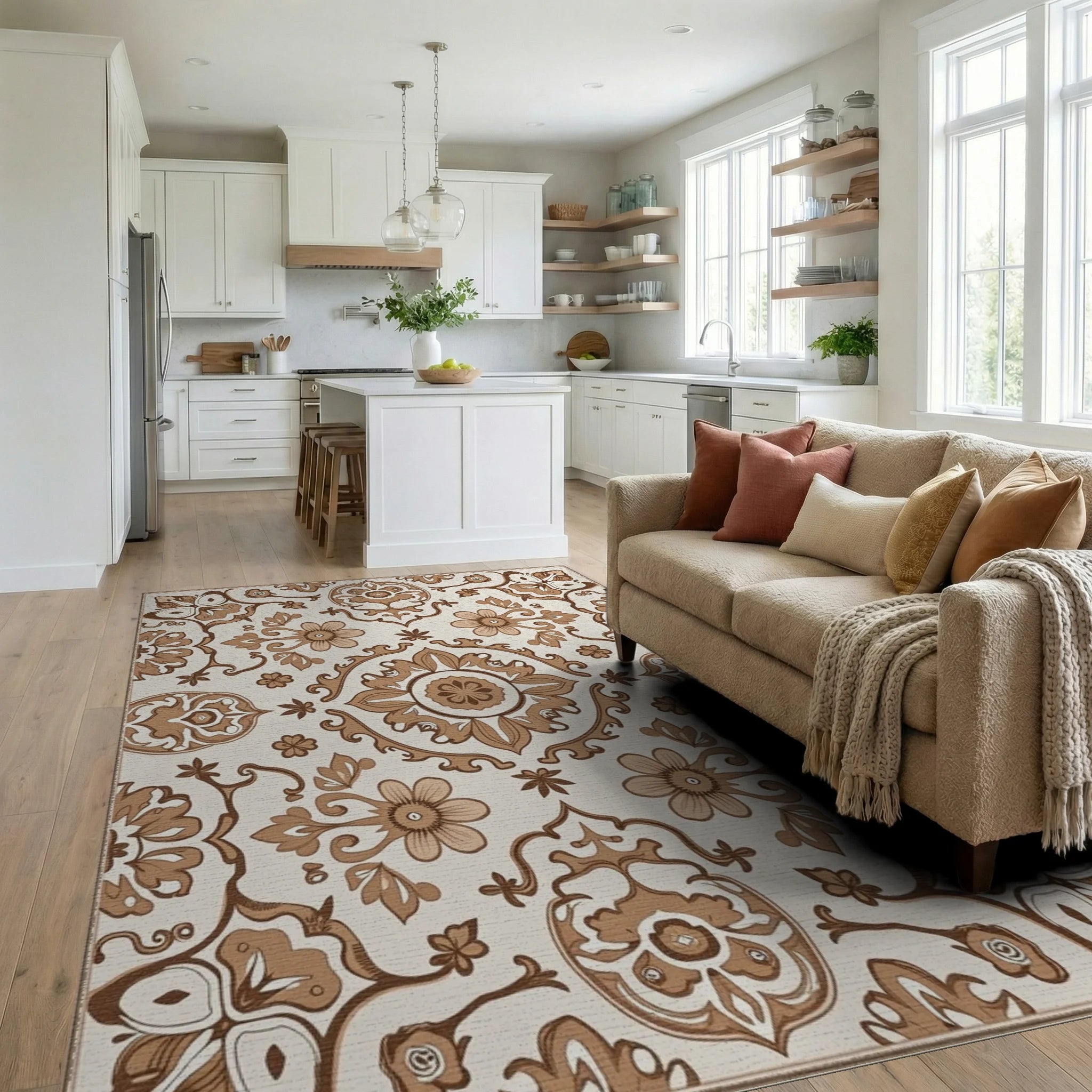 Ornate Floral Scrollwork And Flower Rug Living Room View