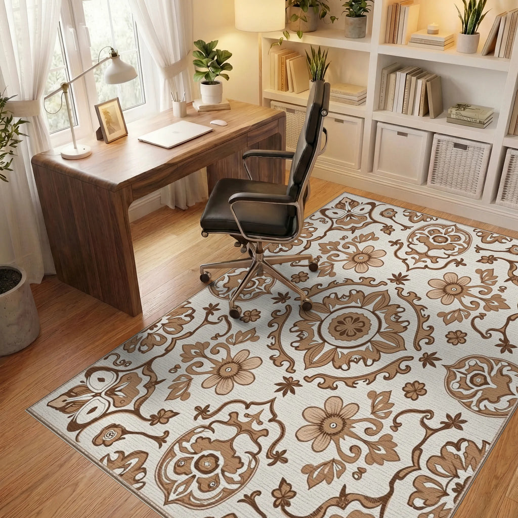 Ornate Floral Scrollwork And Flower Rug Office View