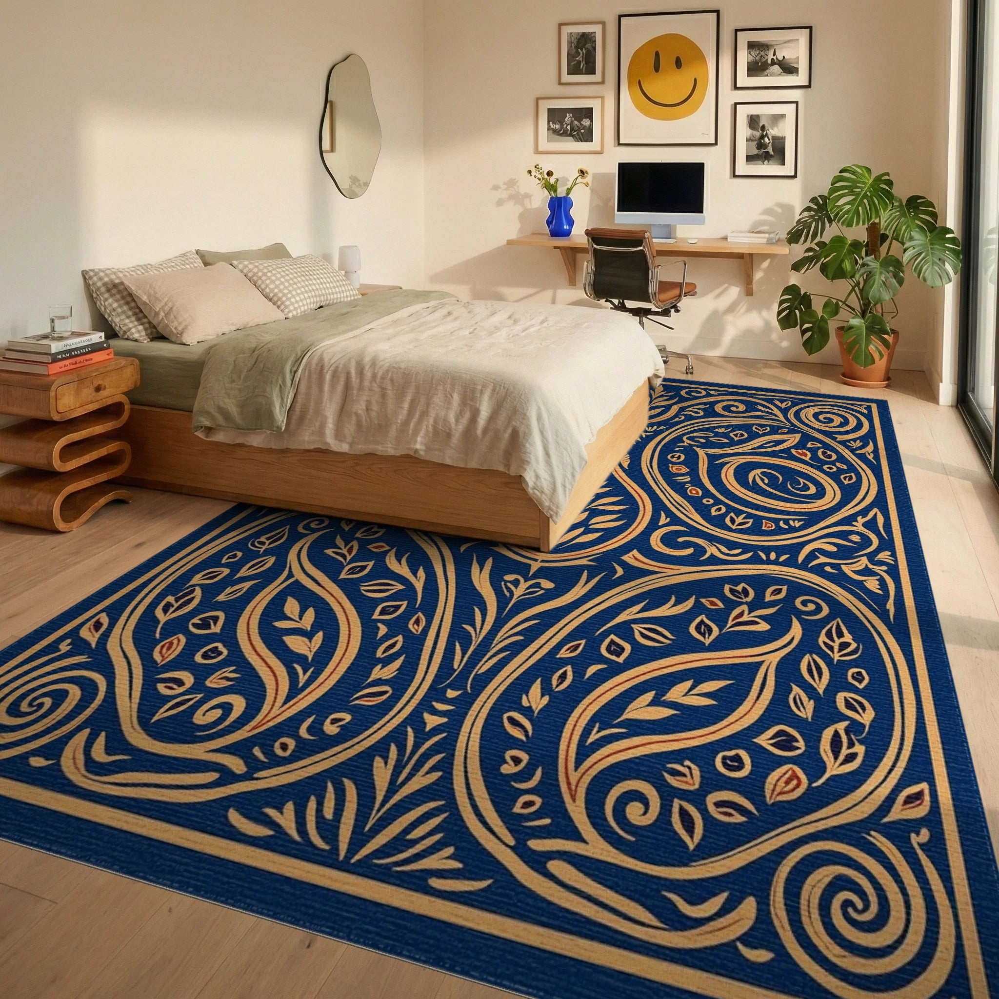 Ornate Floral Scrollwork Indigo Rug Bedroom View