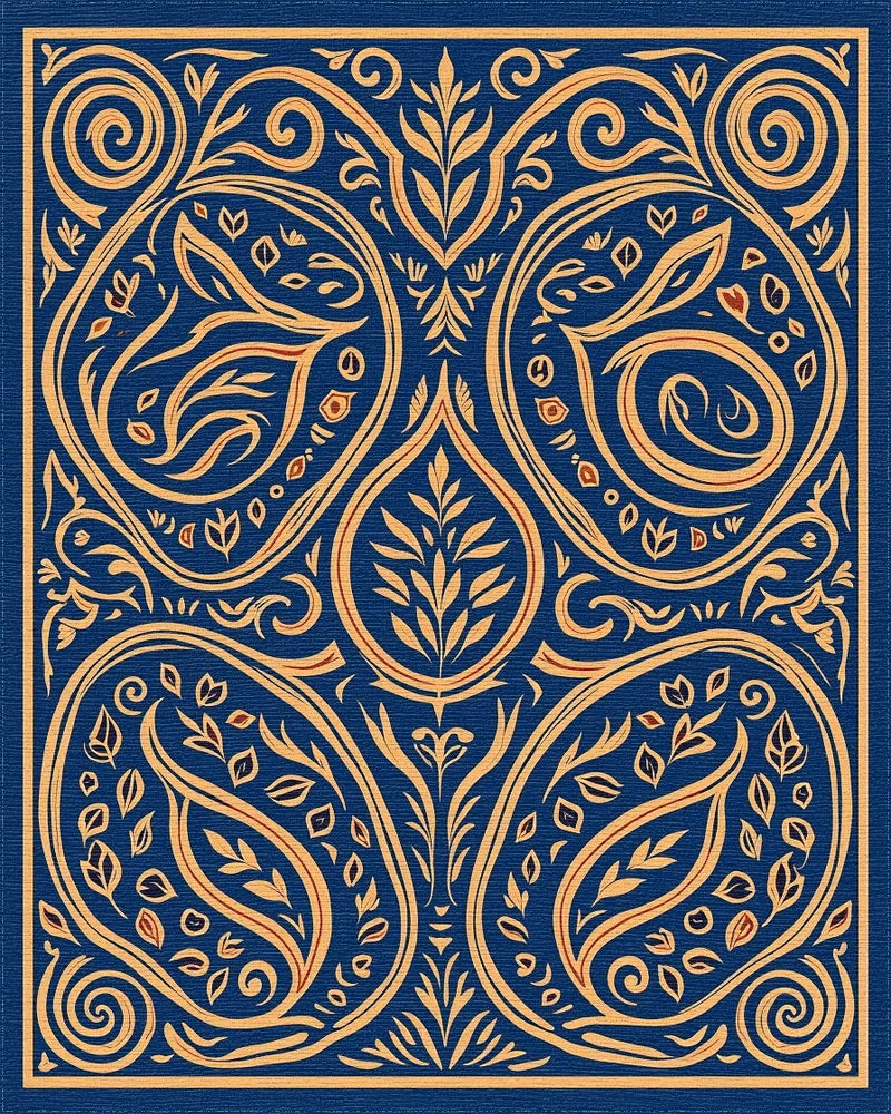 Ornate Floral Scrollwork Indigo Rug - Cutout View