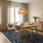 Ornate Floral Scrollwork Indigo Rug Dining Room View