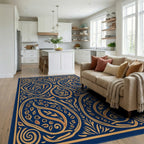 Ornate Floral Scrollwork Indigo Rug Living Room View