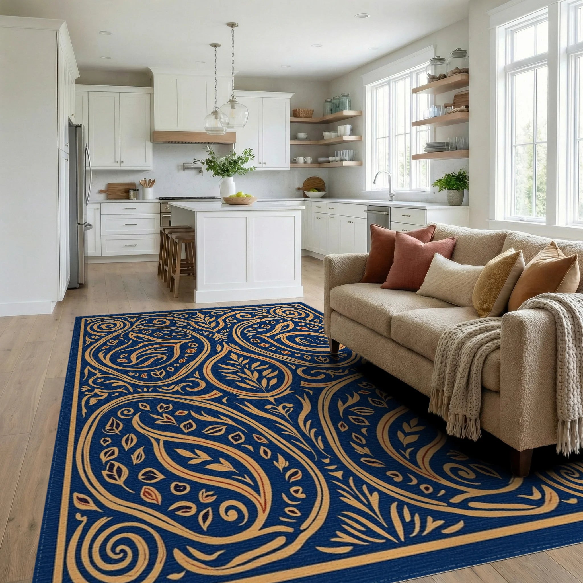 Ornate Floral Scrollwork Indigo Rug Living Room View