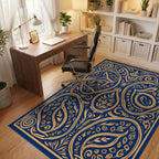 Ornate Floral Scrollwork Indigo Rug Office View