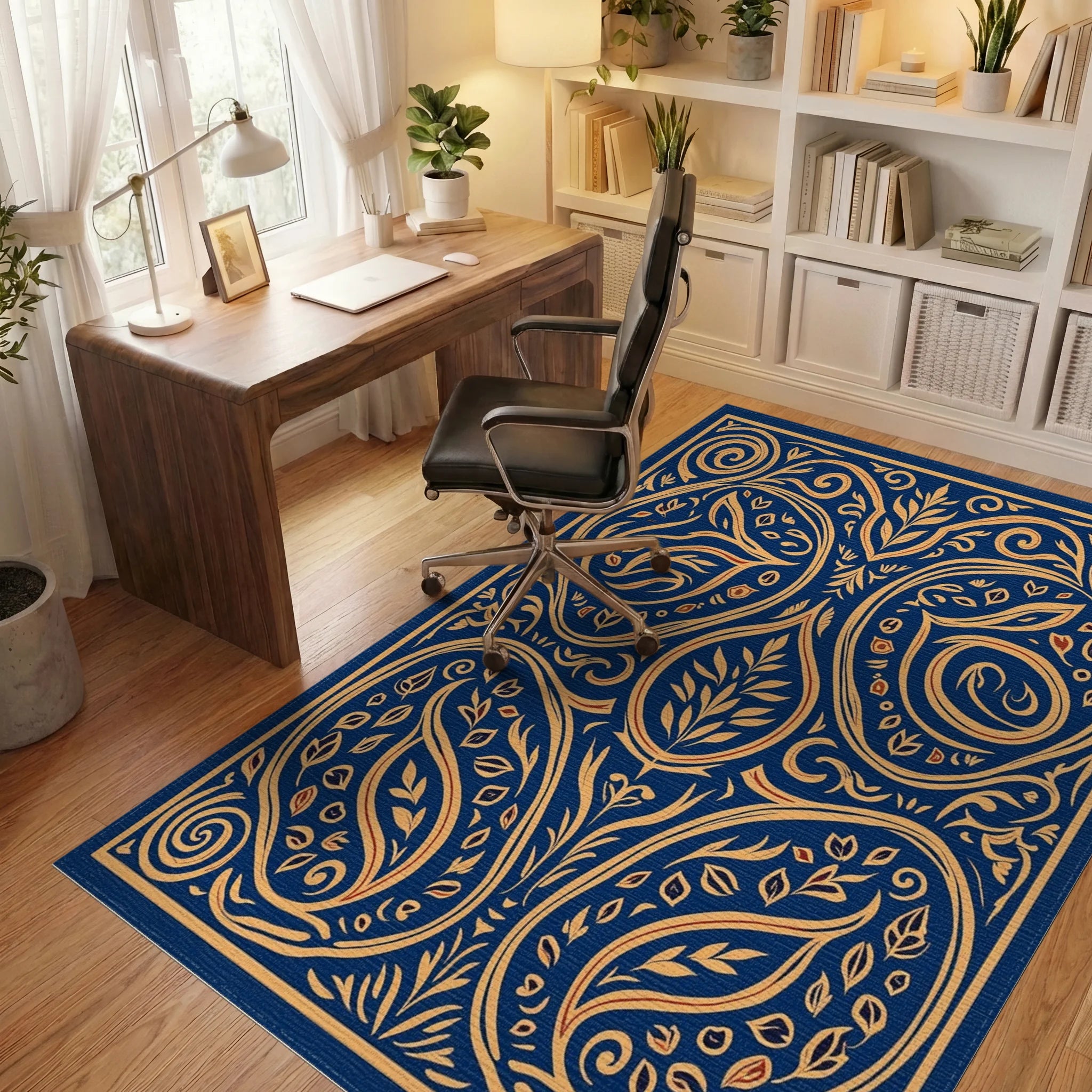 Ornate Floral Scrollwork Indigo Rug Office View