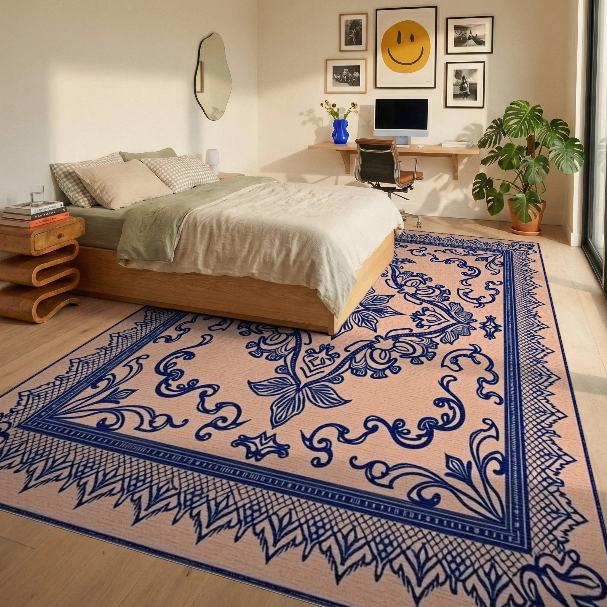 Ornate Floral Scrollwork Patterned Rug Bedroom View