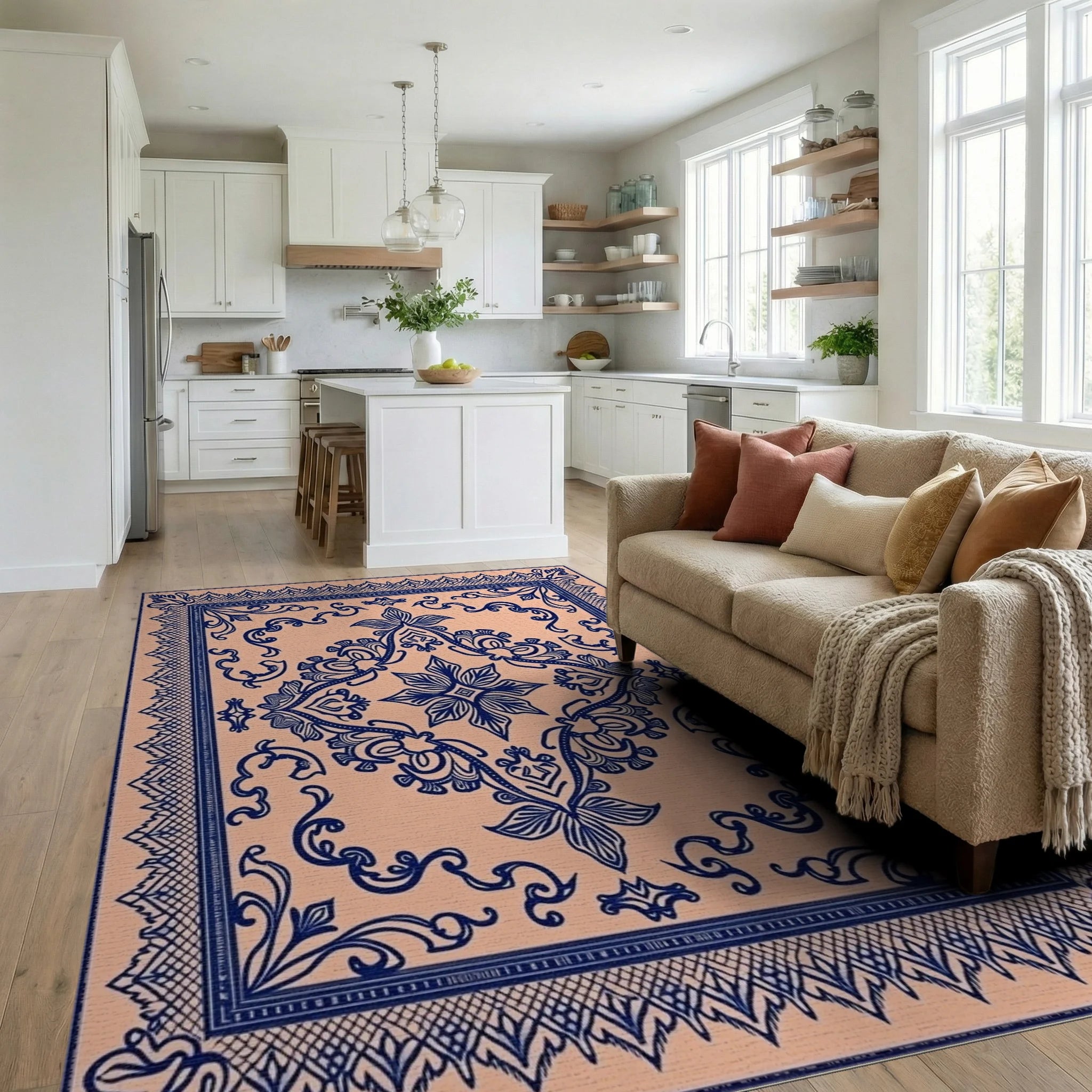 Ornate Floral Scrollwork Patterned Rug Living Room View
