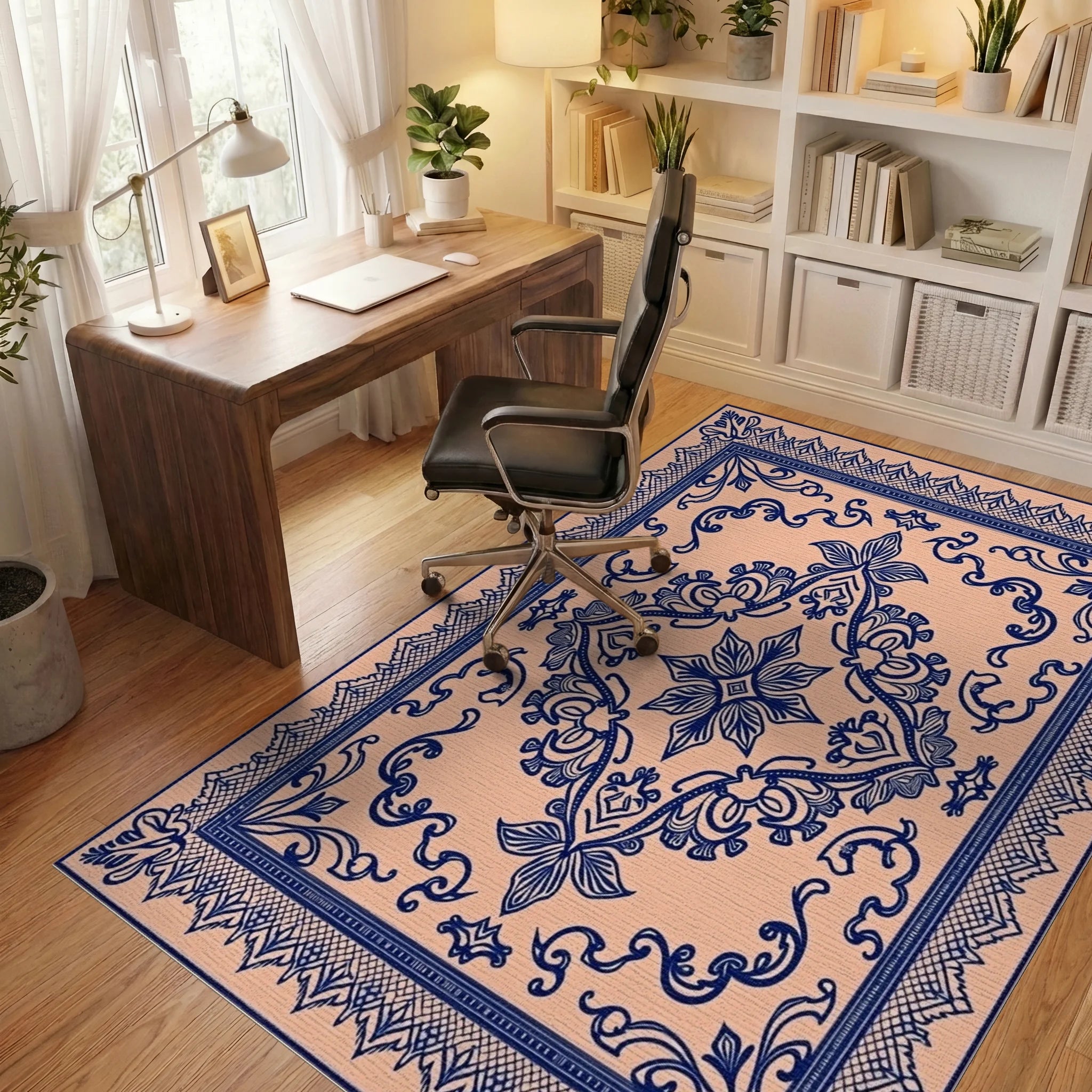 Ornate Floral Scrollwork Patterned Rug Office View