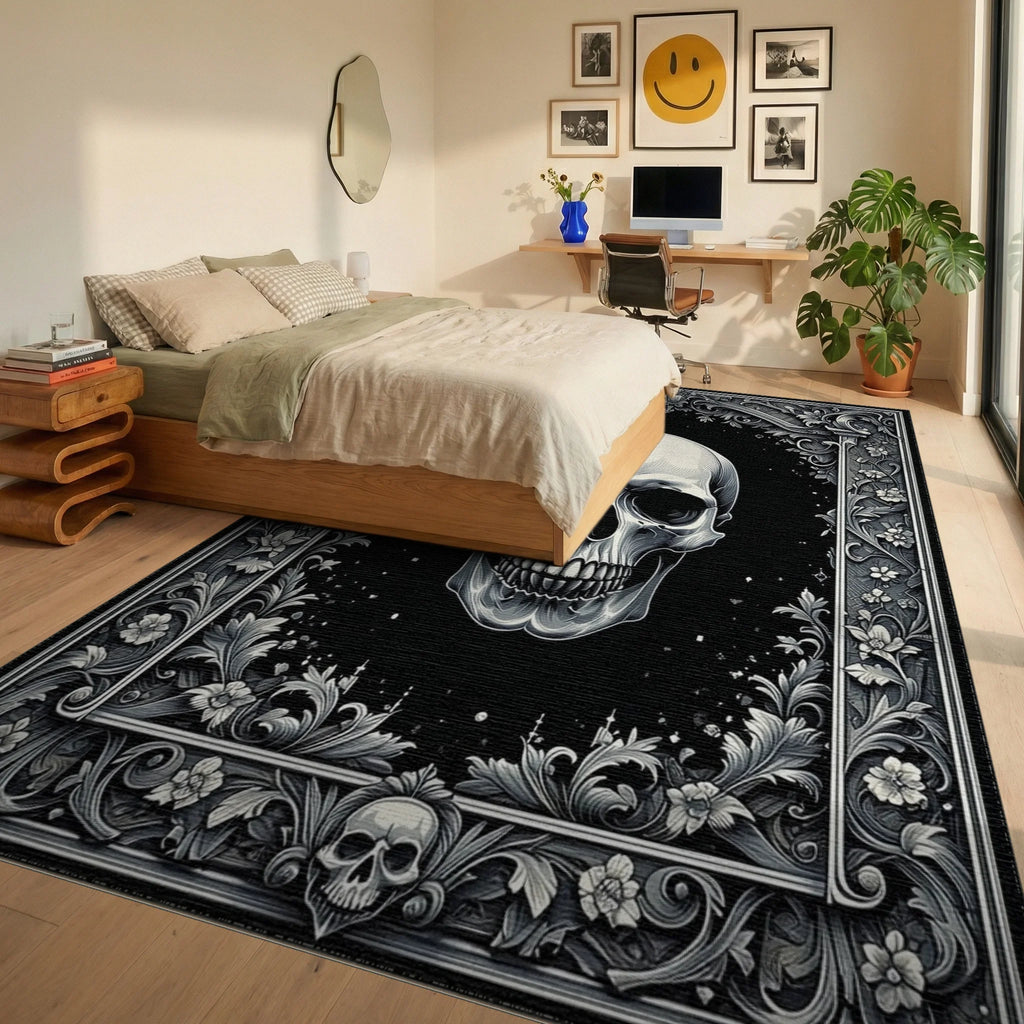 Ornate Floral Skull Gothic Rug - Bedroom View