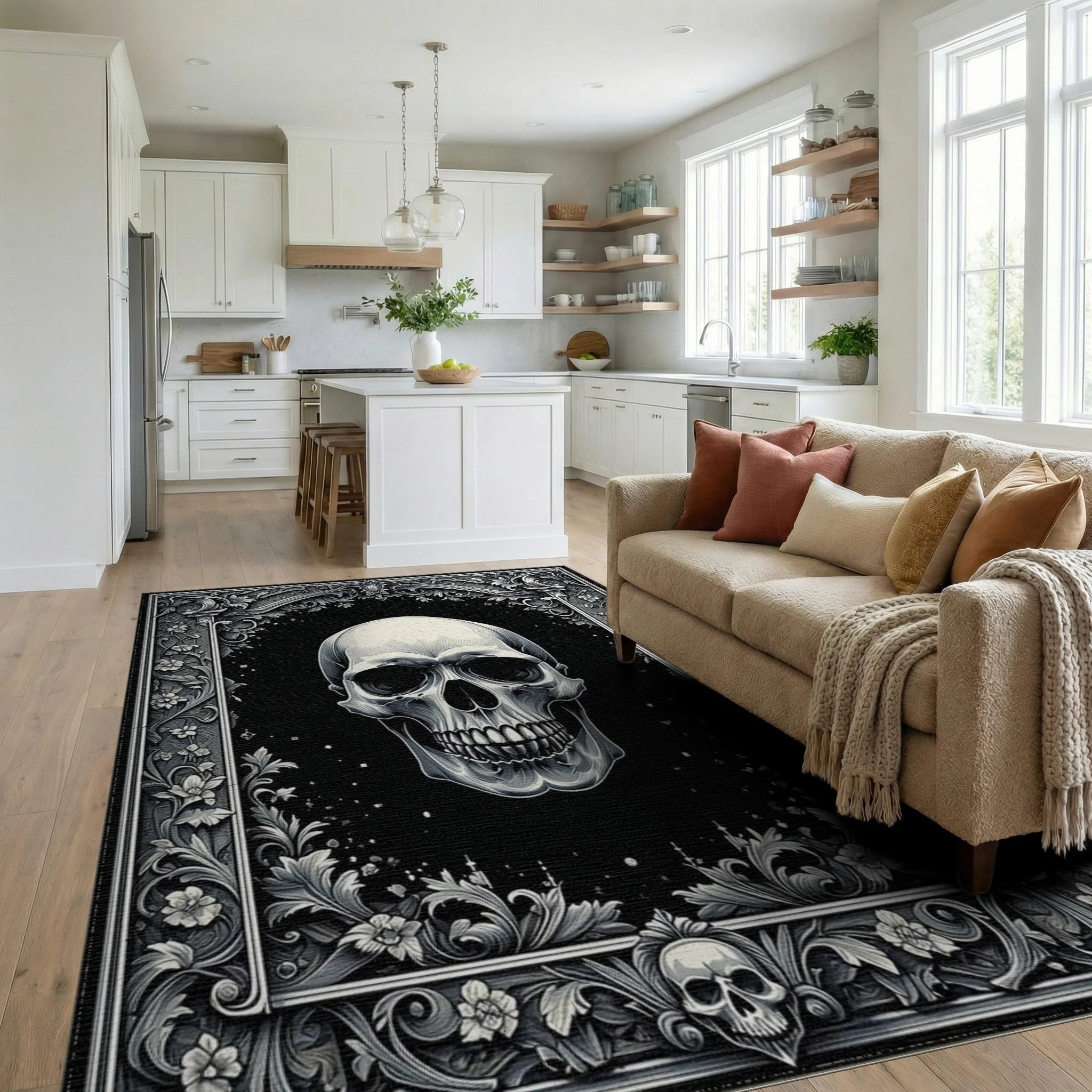 Ornate Floral Skull Gothic Rug - Living Room View