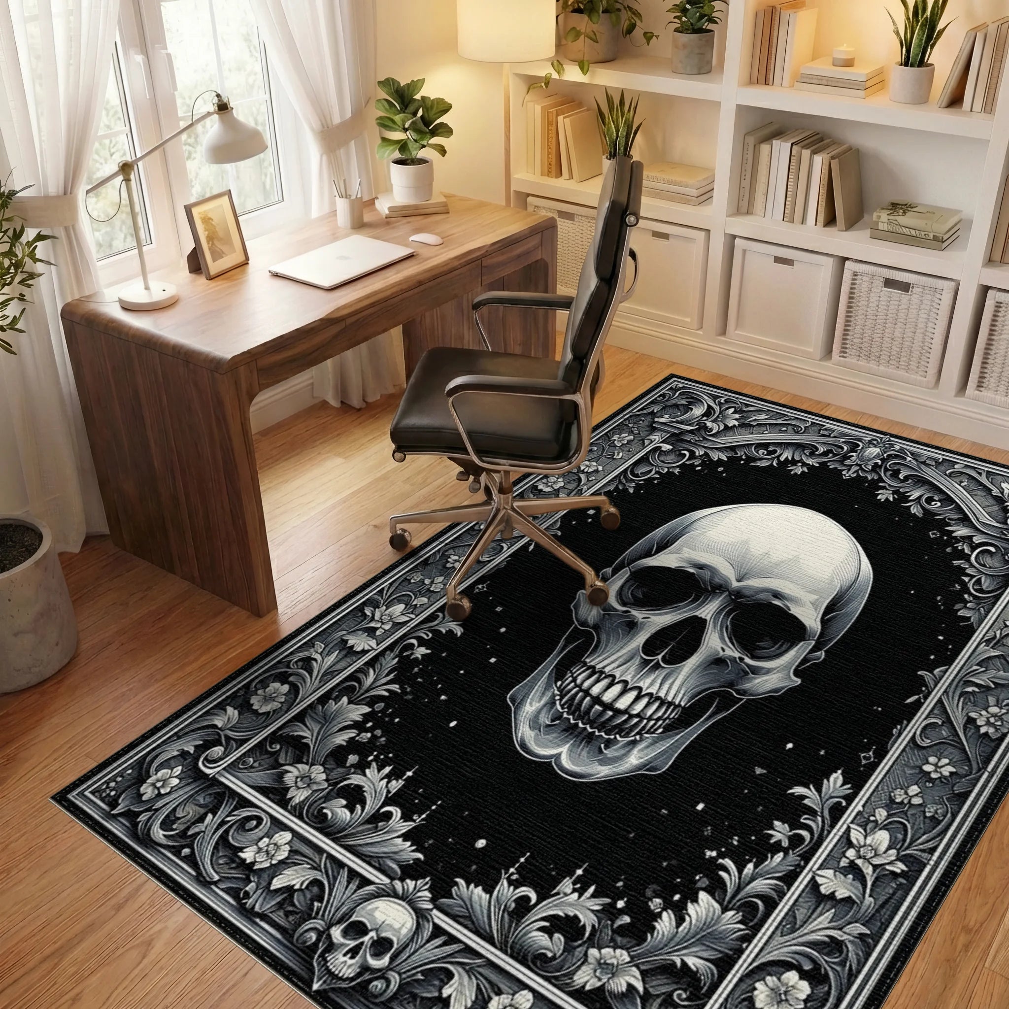Ornate Floral Skull Gothic Rug - Office View