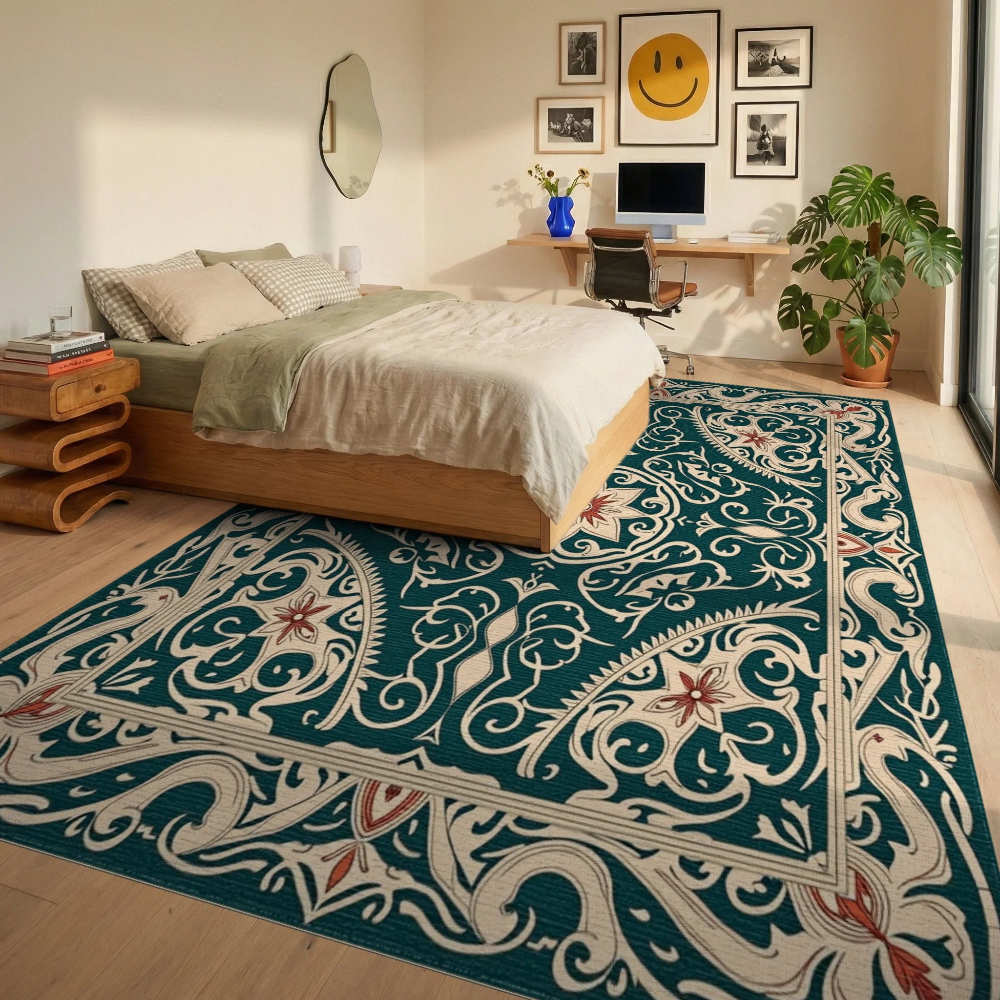 Ornate Floral Swirl Border Design Rug Bedroom View