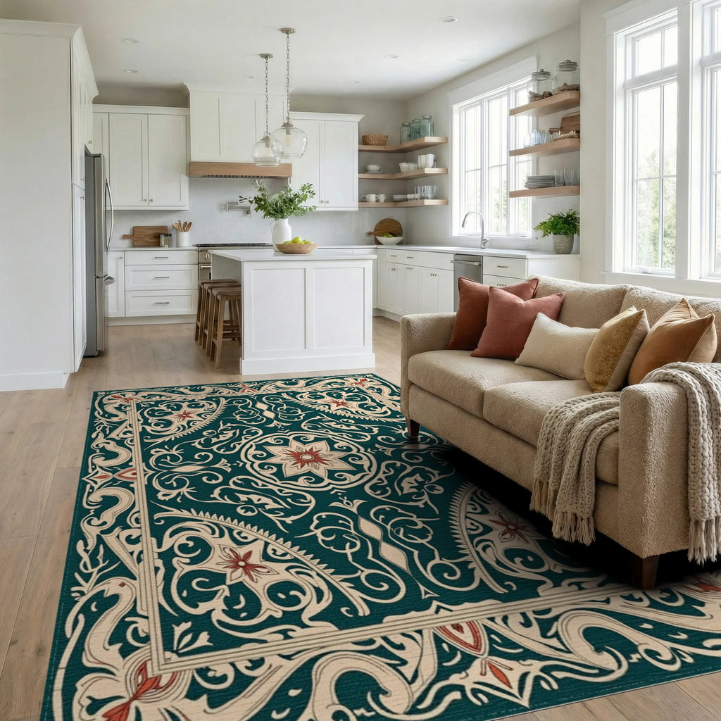 Ornate Floral Swirl Border Design Rug Living Room View