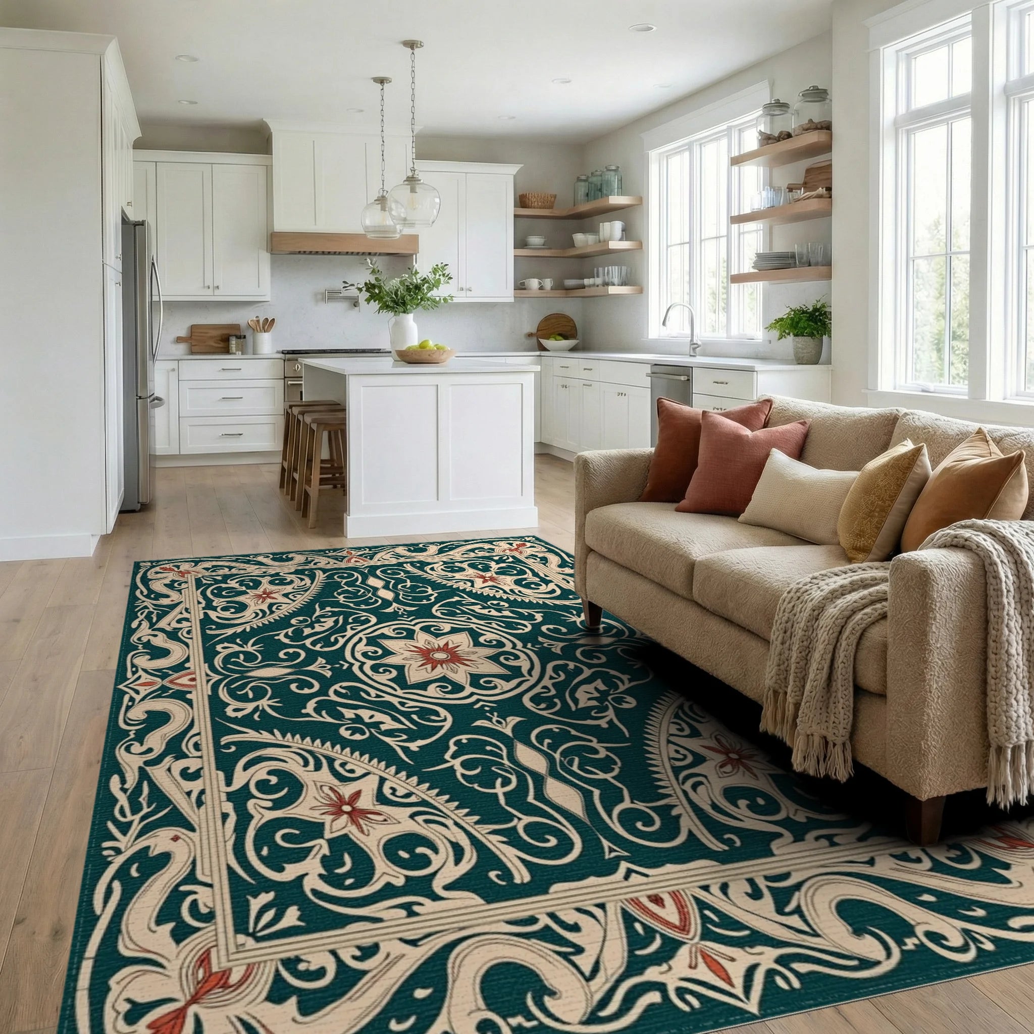 Ornate Floral Swirl Border Design Rug Living Room View
