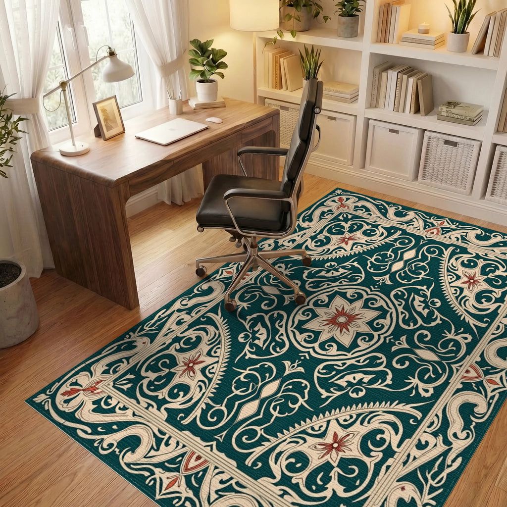 Ornate Floral Swirl Border Design Rug Office View