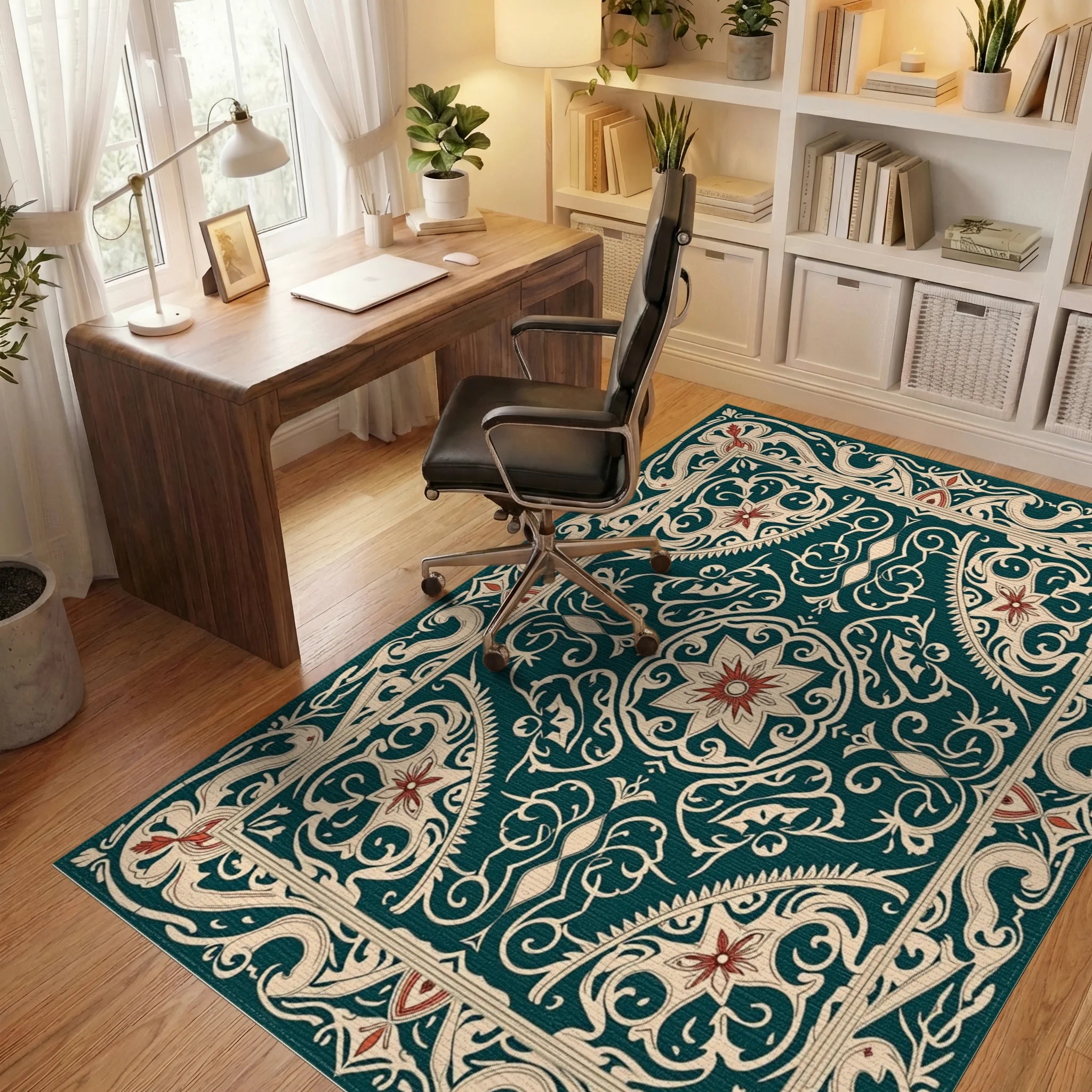 Ornate Floral Swirl Border Design Rug Office View