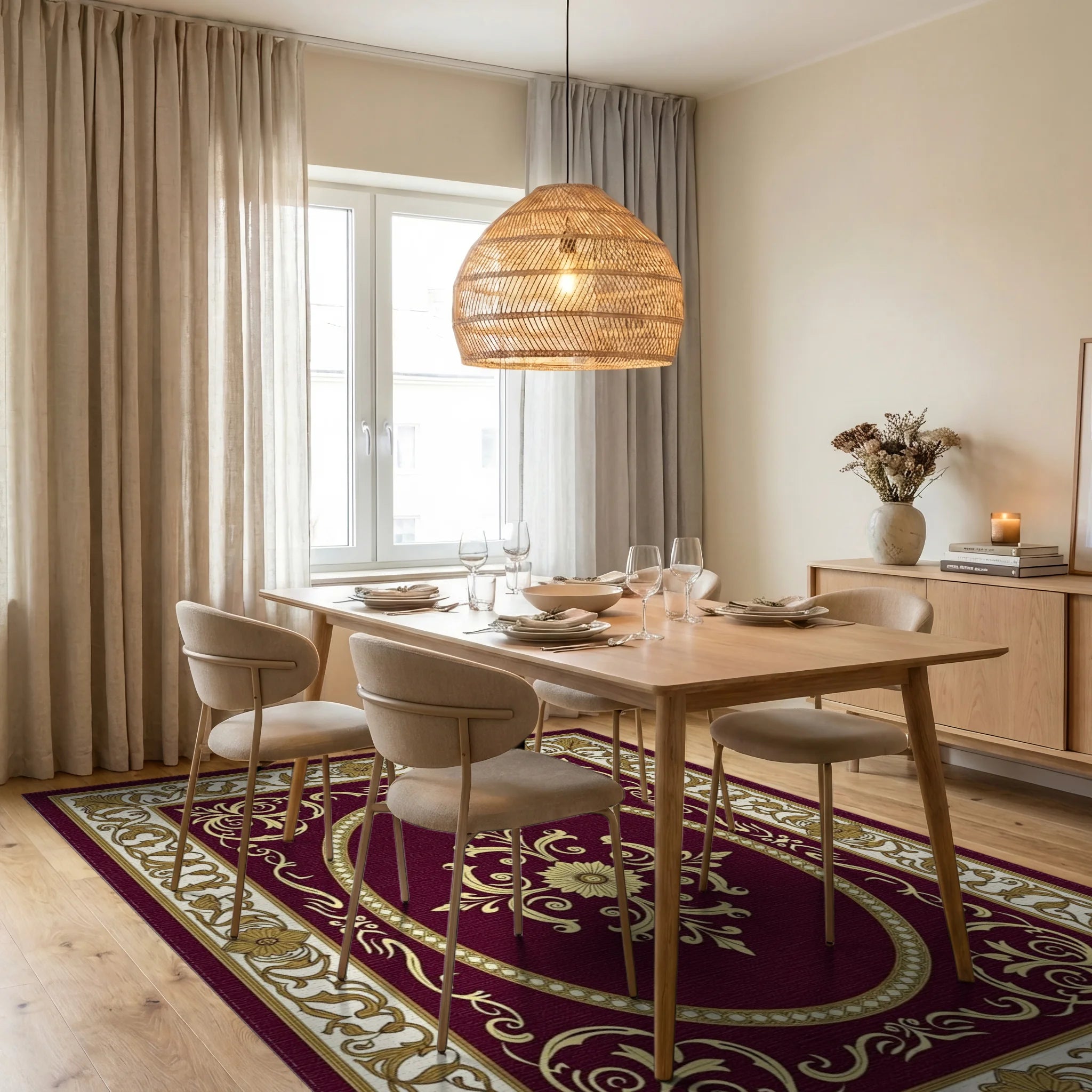 Ornate Floral Swirl Detailed Rug - Dining Room View