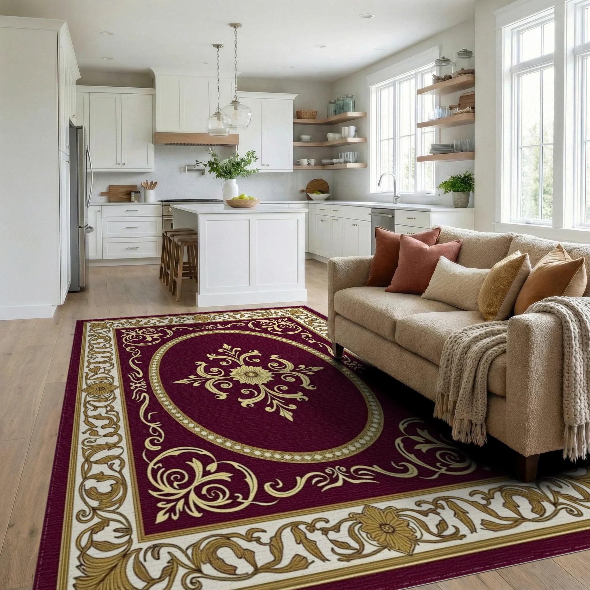 Ornate Floral Swirl Detailed Rug - Living Room View