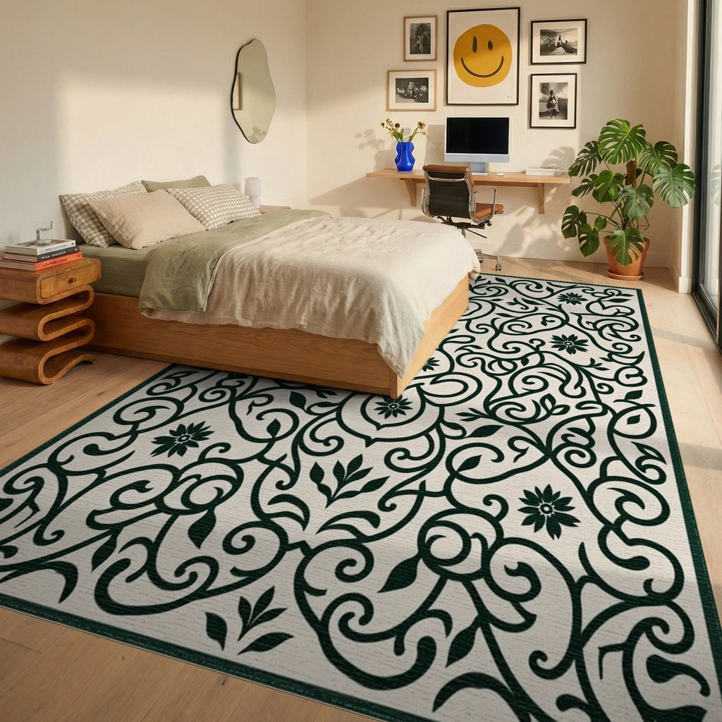 Ornate Floral Swirls Pattern Rug Bedroom View