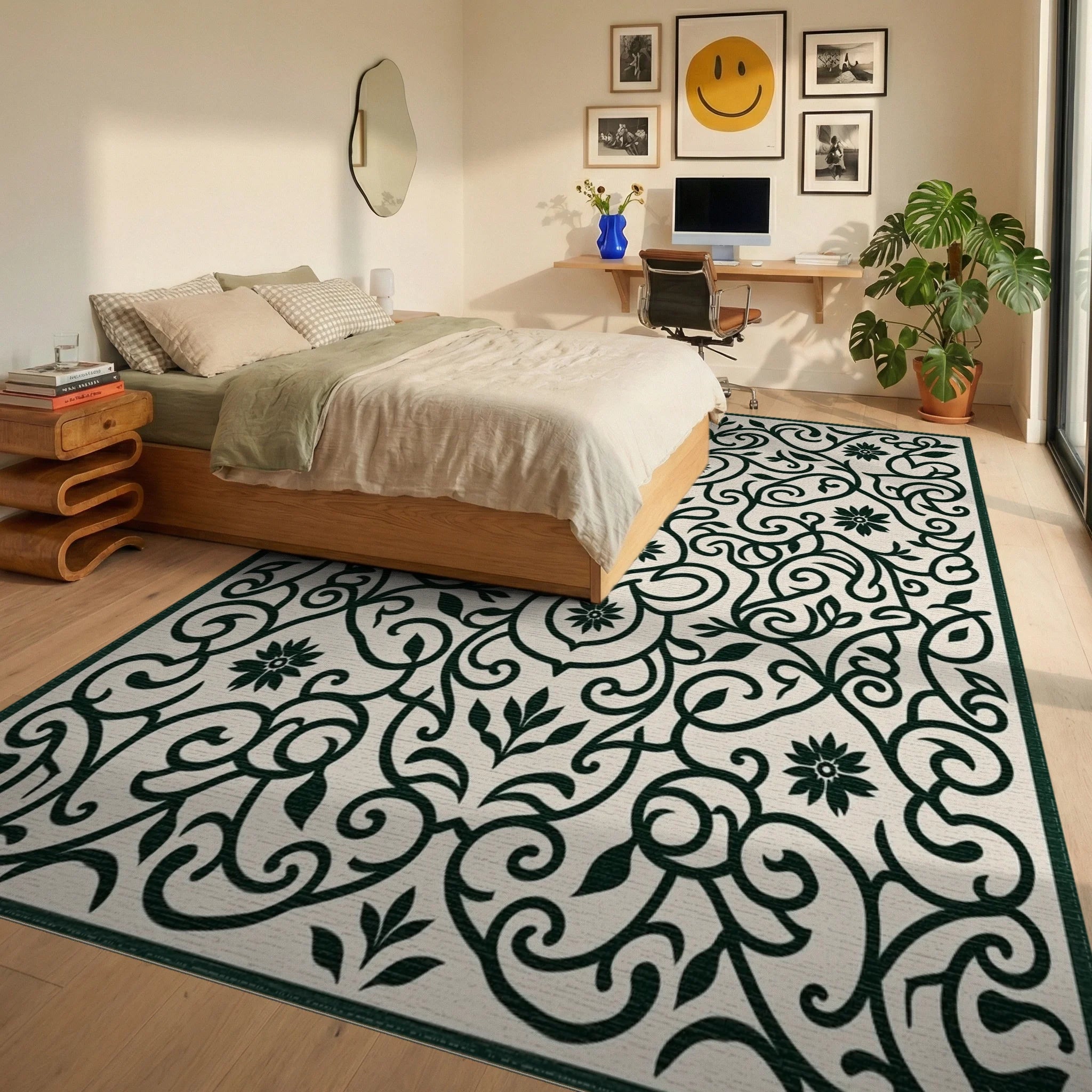 Ornate Floral Swirls Pattern Rug Bedroom View