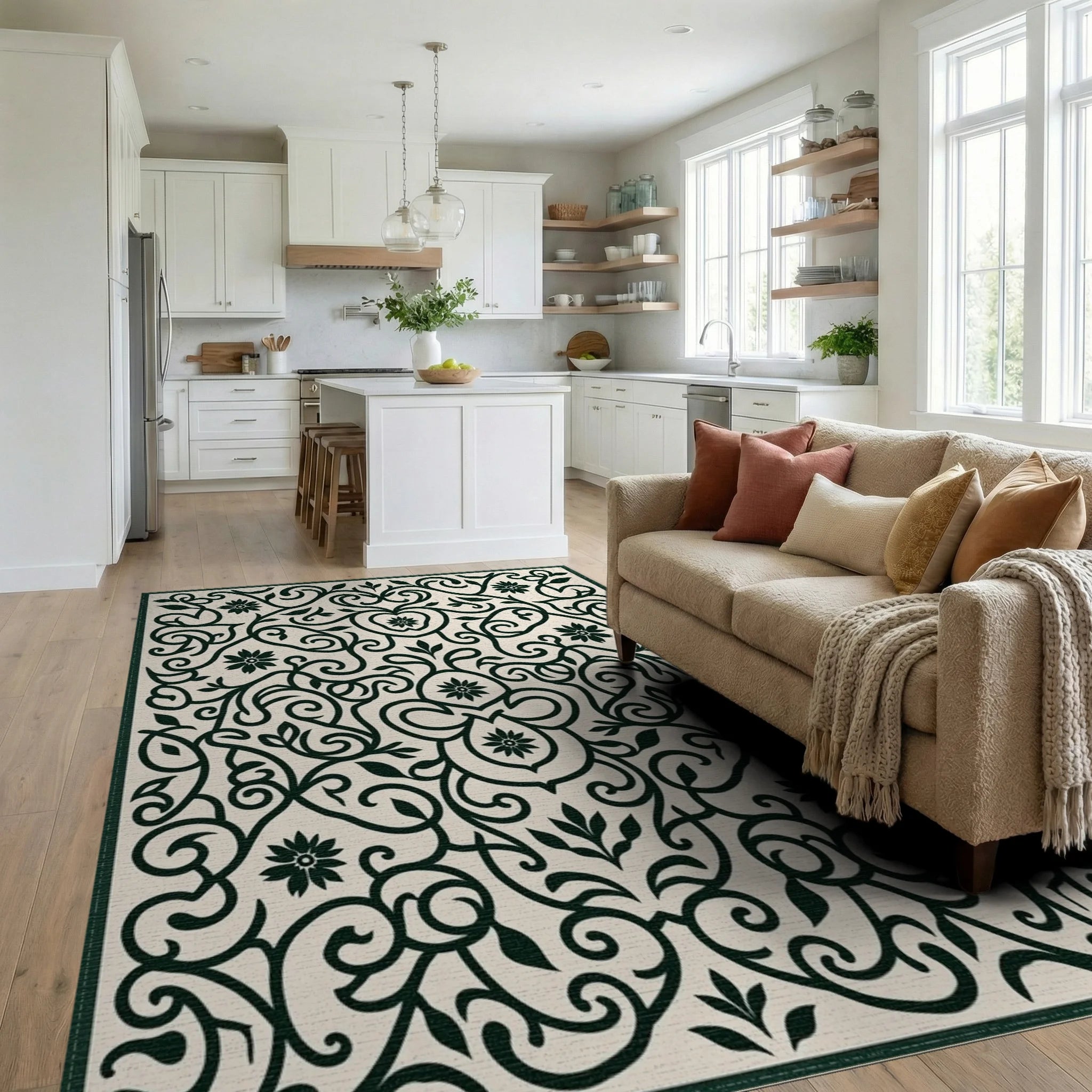Ornate Floral Swirls Pattern Rug Living Room View