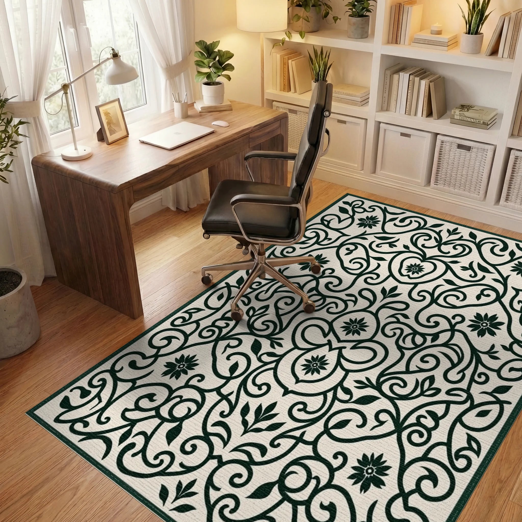 Ornate Floral Swirls Pattern Rug Office View