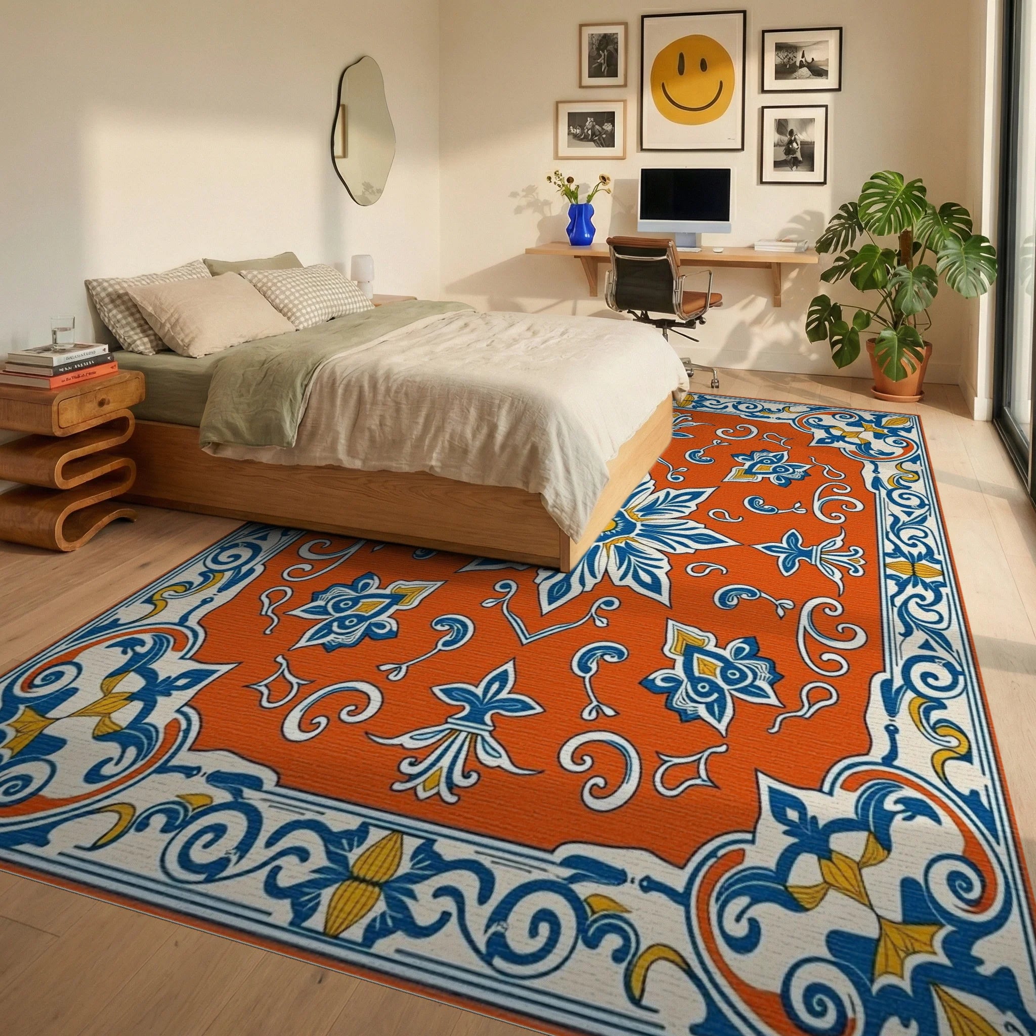 Ornate Floral Tile Pattern Rug Bedroom View