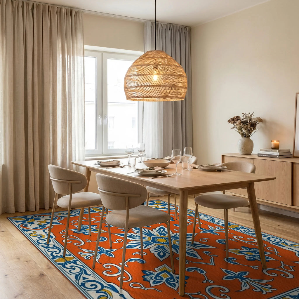 Ornate Floral Tile Pattern Rug Dining Room View