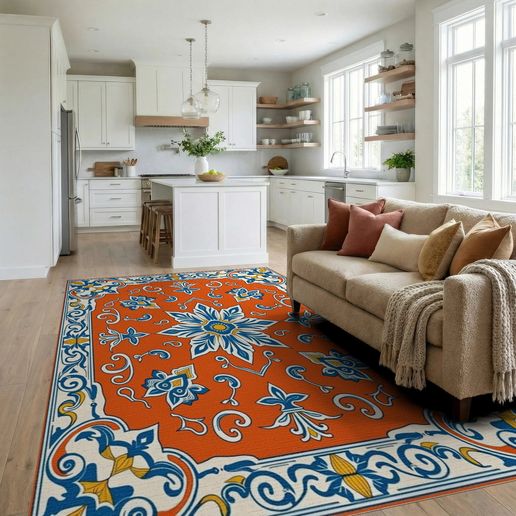 Ornate Floral Tile Pattern Rug Living Room View