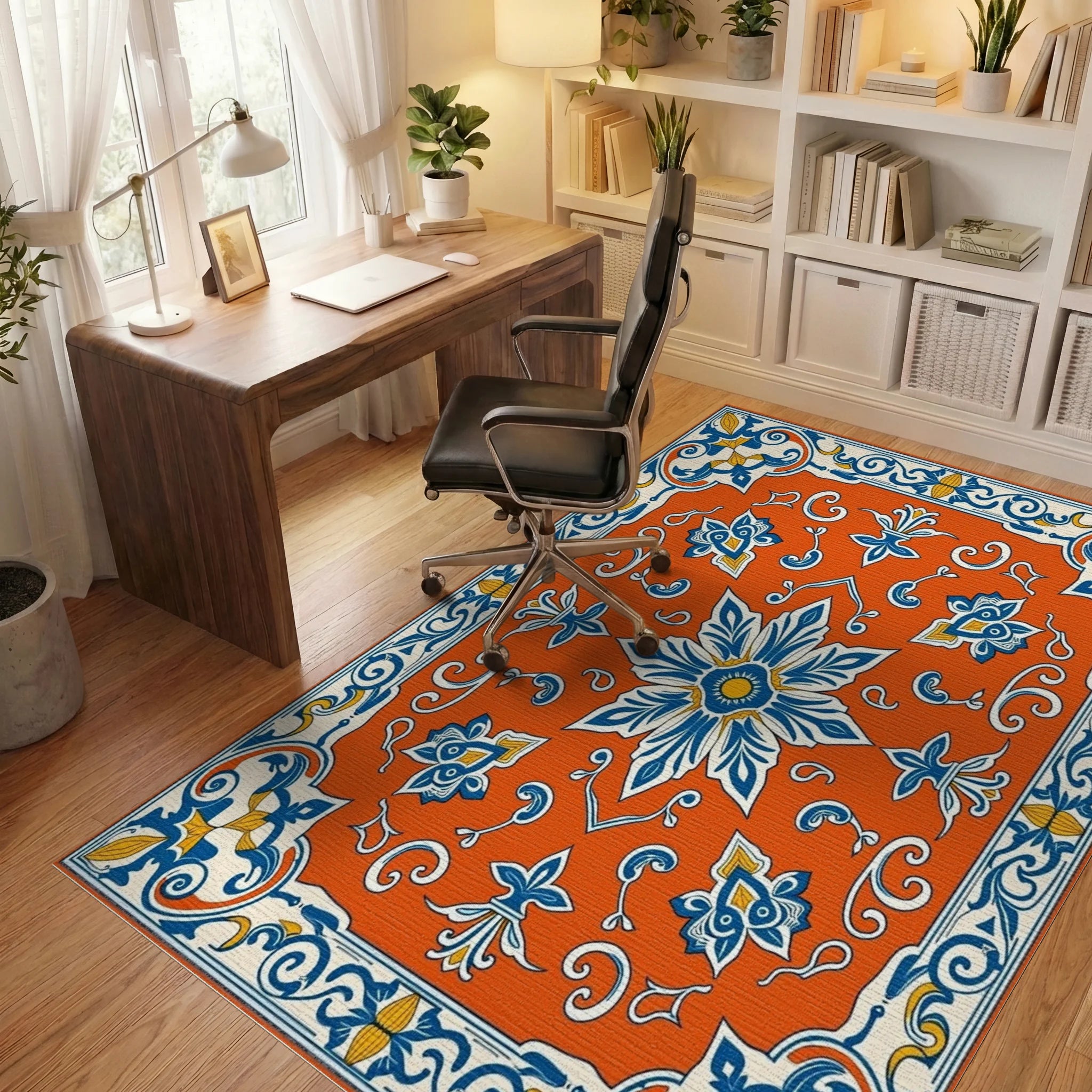 Ornate Floral Tile Pattern Rug Office View