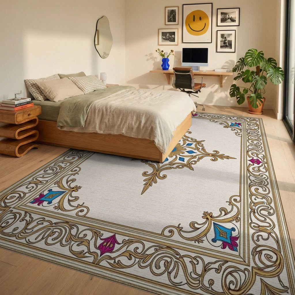 Ornate Gold Floral Centerpiece Rug Bedroom View