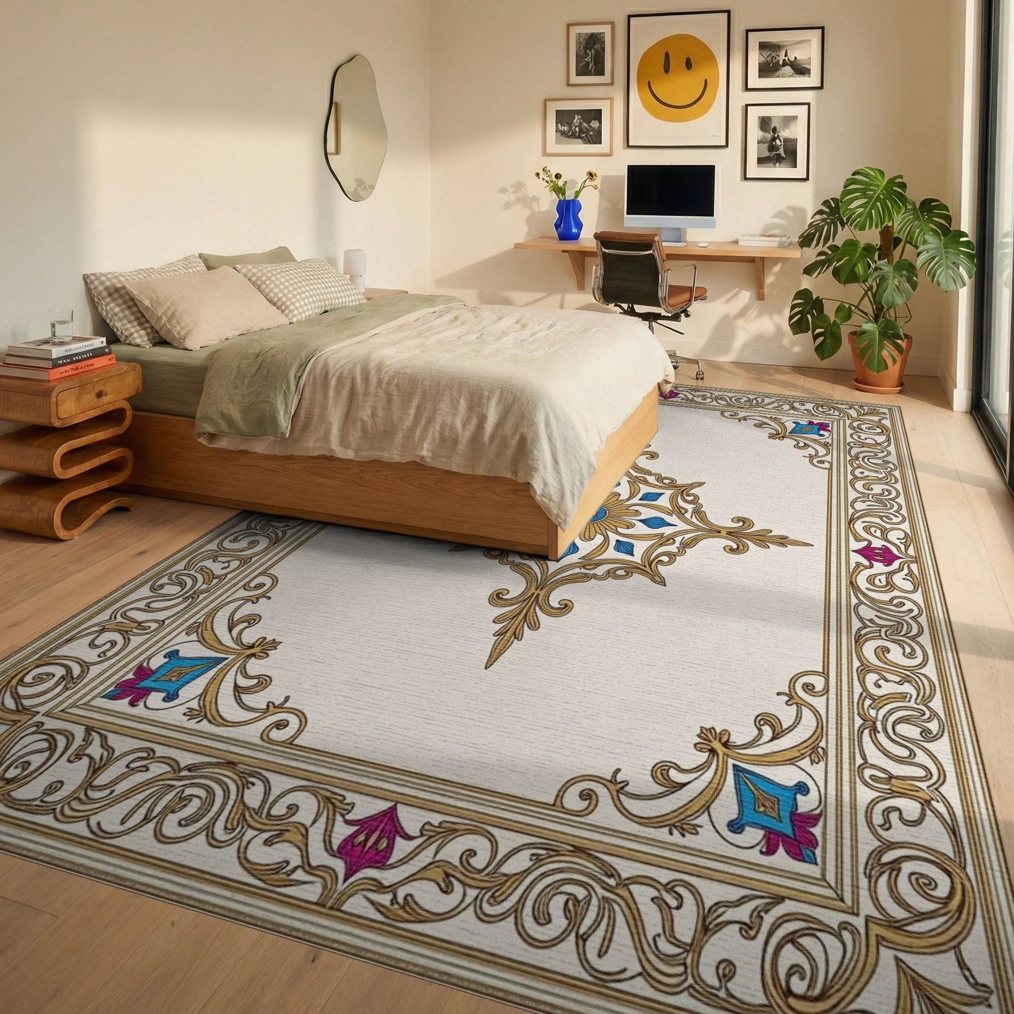 Ornate Gold Floral Centerpiece Rug Bedroom View