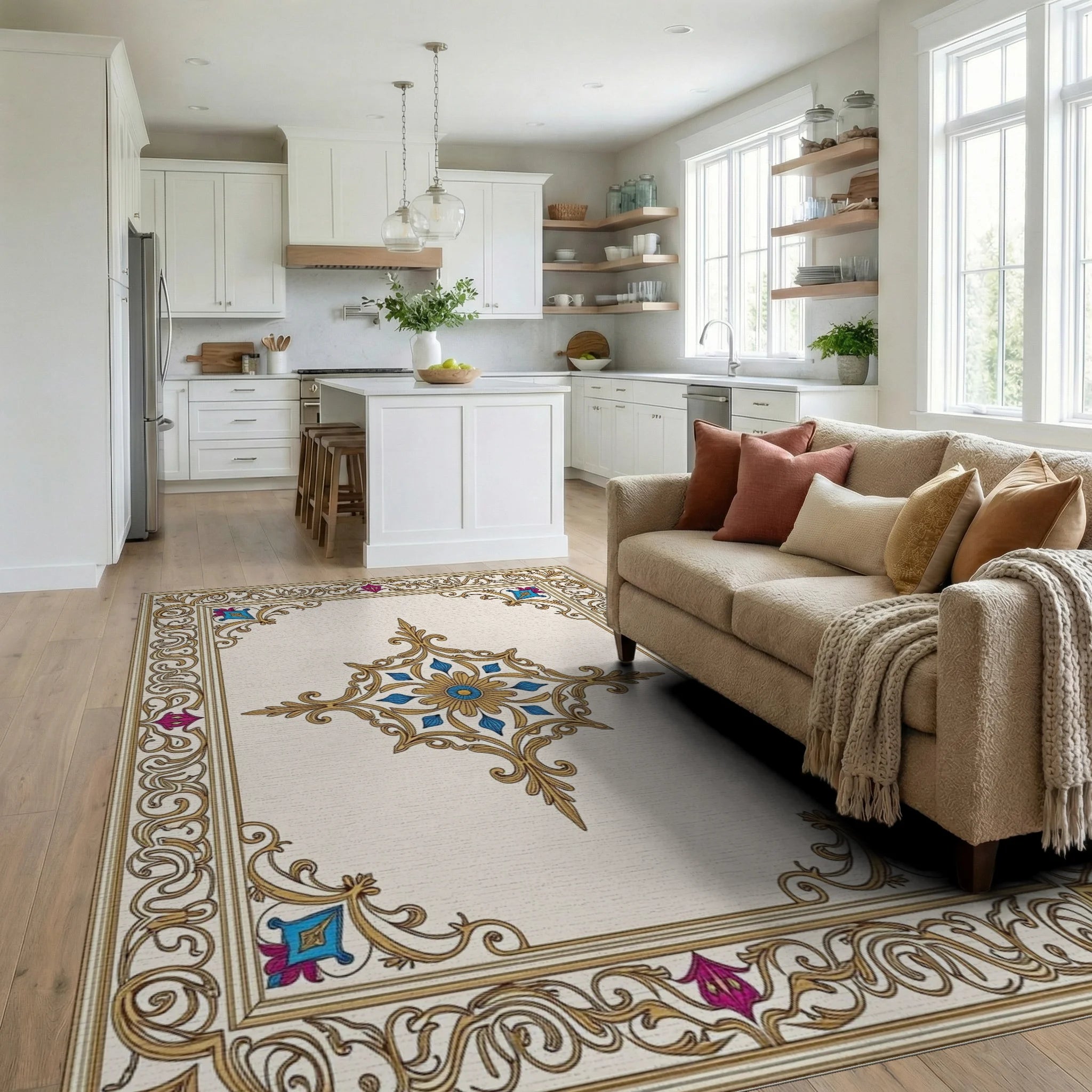 Ornate Gold Floral Centerpiece Rug Living Room View