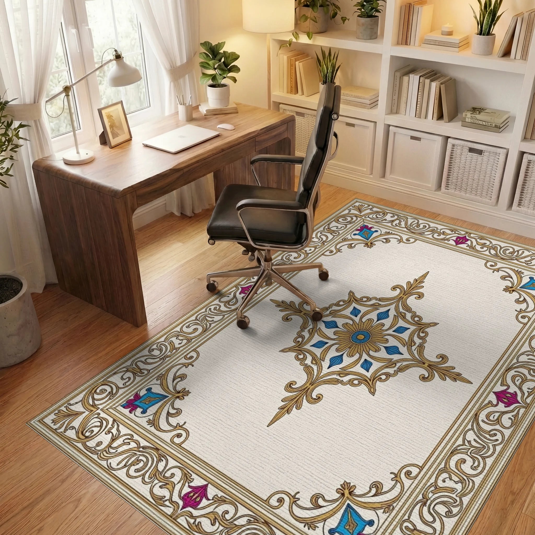 Ornate Gold Floral Centerpiece Rug Office View