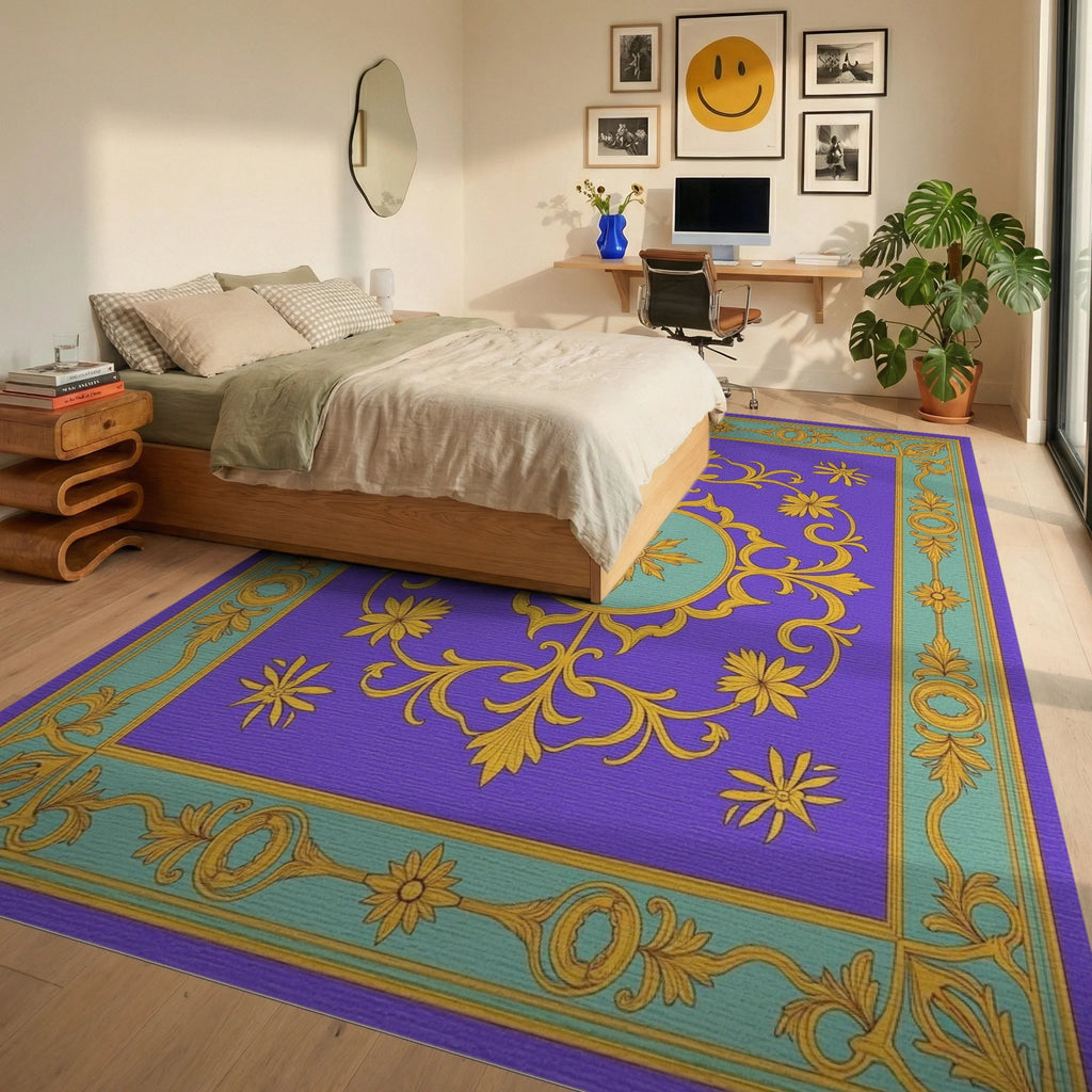 Ornate Gold Floral Medallion Purple Rug - Bedroom View