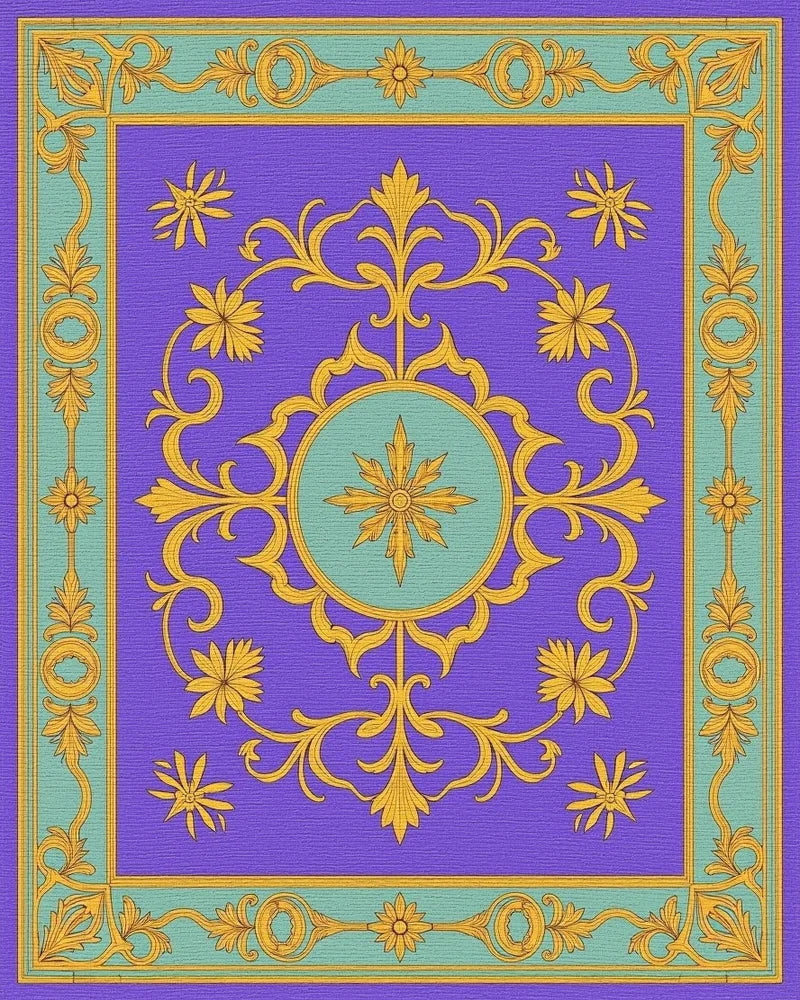 Ornate Gold Floral Medallion Purple Rug - Cutout View